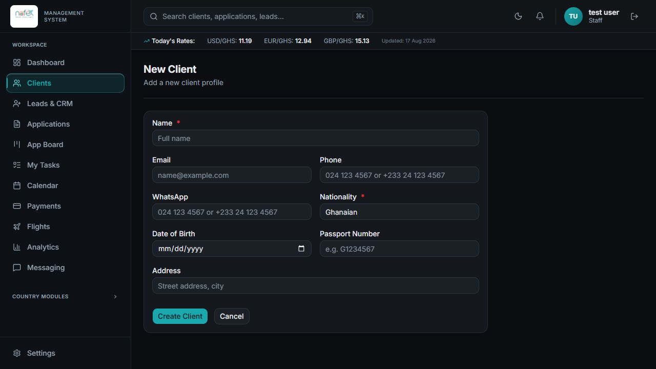 Nafex Travels admin client workspace