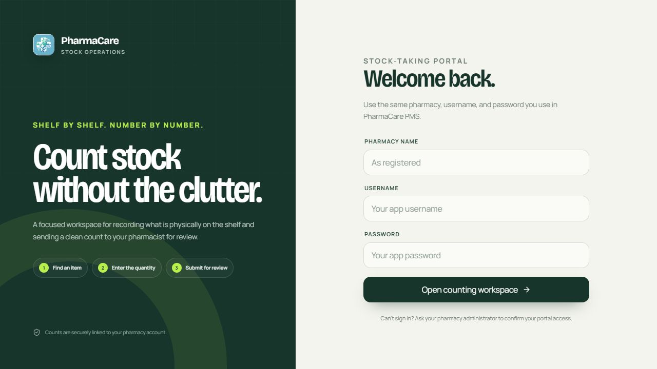 PharmaCare stock-taking portal sign-in screen